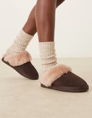 ASOS DESIGN Zamber premium sheepskin slippers in chocolate suede | ASOS (Global)