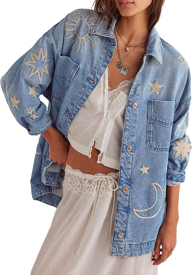 utcoco Women's Vintage Oversized Denim Jacket Embroidered Graphic Casual Loose Fit Button Down Je... | Amazon (US)