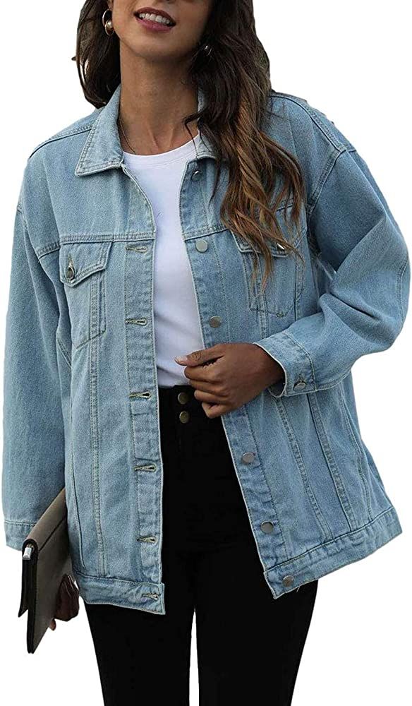 SeekMe Women's Oversized Jean Jacket Plus Size Fashion Boyfriend Button Down Washed Denim Jacket | Amazon (US)