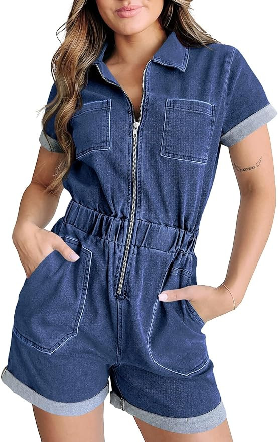 Cicy Bell Women's Summer Short Denim Jumpsuit Jean Rompers Zip Up Elastic Waist Casual Playsuit | Amazon (US)