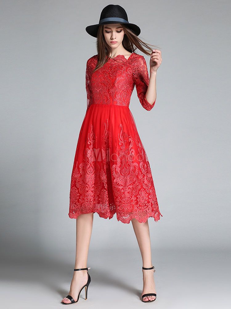 Red Lace Dress Women's Embroidered Bateau Neckline Half Sleeve Slim Fit Flare Dress | Milanoo