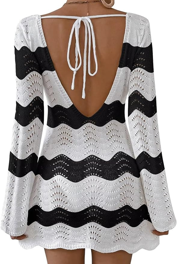 Womens Swimsuit Cover Up Long Sleeve Crochet Bathing Suit Mesh Backless Cover Ups Summer Beach Va... | Amazon (US)