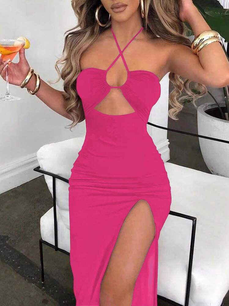 -18%SOLERSUN Crisscross Tie Backless Halter Swing Dress Maxi Women Outfit | SHEIN