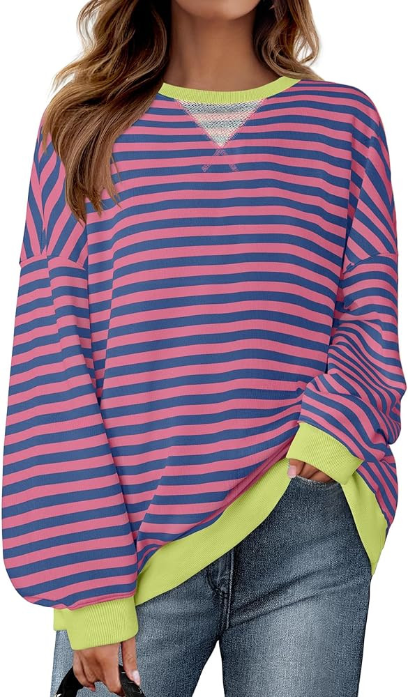 ZESICA Womens Casual Striped Pullover Tops Long Sleeve Shirts Crewneck Oversized Sweatshirts 2024... | Amazon (US)