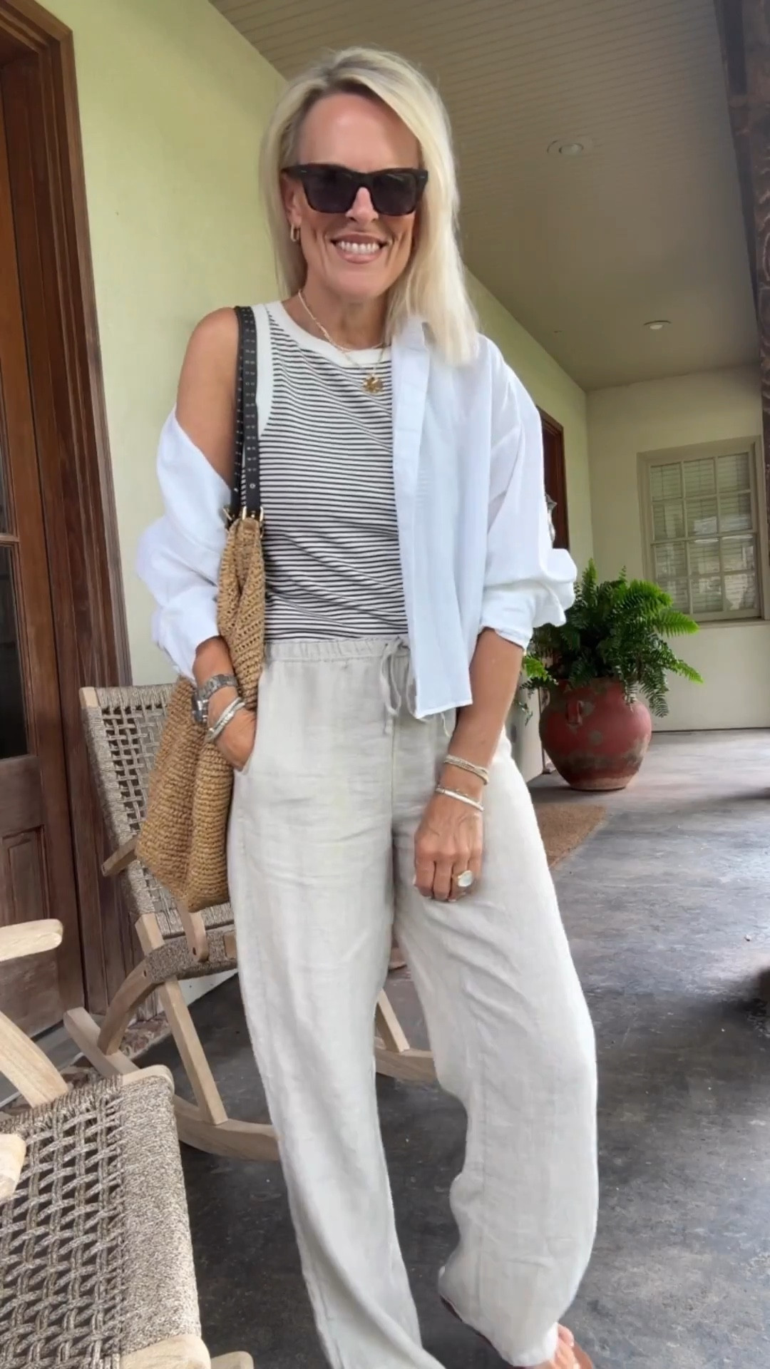 The  linen pants that come with me on every vacation. Hold up very well. Not see through 
Come in classic, petite and tall lengths 

These are small tall
But the blue and white pair I own are classic length and work for me as well just don’t fall all way to ground 

And this cropped linen button up just got restocked!! Had been sold out for a while 
Wearing small 

This tank!! LOVE! I’m wearing XS in Thai one and works. I also own in white and small in that one 

I’m 5’6” 

#LTKOver40 #LTKFamily #LTKTravel