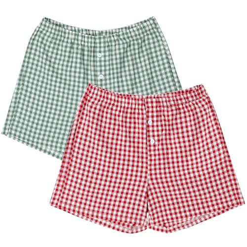 2 Pack Cotton Gingham Boxer Shorts for Women Pajamas - Red Green Lounge Sleep Shorts, Summer Checkered Bottoms for Home, S | Amazon (US)