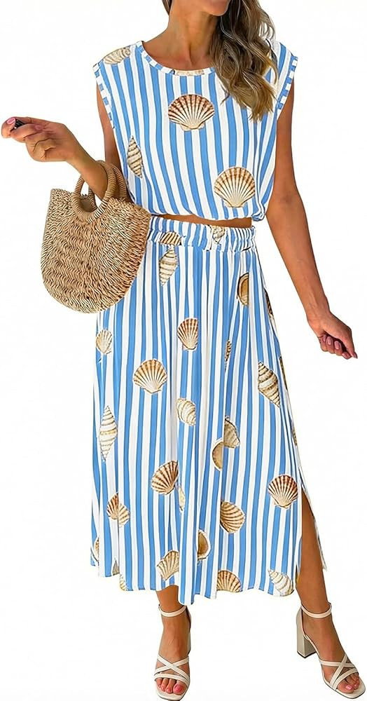 Tankaneo Womens Striped 2 Piece Skirt Sets Summer Lemon Print Sleeveless Tank Tops Maxi Dress Bea... | Amazon (US)