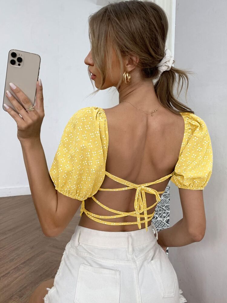 Ditsy Floral Lace Up Backless Top | SHEIN