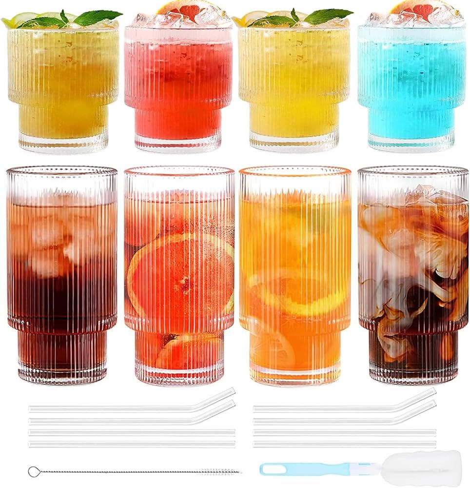 8 Pack Vintage Drinking Glasses with Glass Straws, Ridged Glass Tumbler 11oz & 6oz, Iced Coffee G... | Amazon (CA)