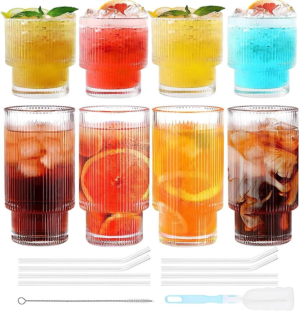 8 Pack Vintage Drinking Glasses with Glass Straws, Ridged Glass Tumbler 11oz & 6oz, Iced Coffee G... | Amazon (CA)