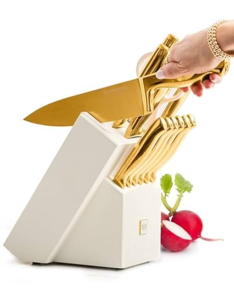 STYLED SETTINGS White and Gold Knife Set with Block – 14-PC Full Tang Titanium-Coated Stainless... | Amazon (US)
