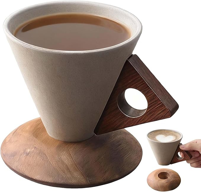 Conical Coffee Cup, 200ml Ceramic Cone-shaped Mug with Wooden Handle and Saucer, Elegant Drinkwar... | Amazon (US)