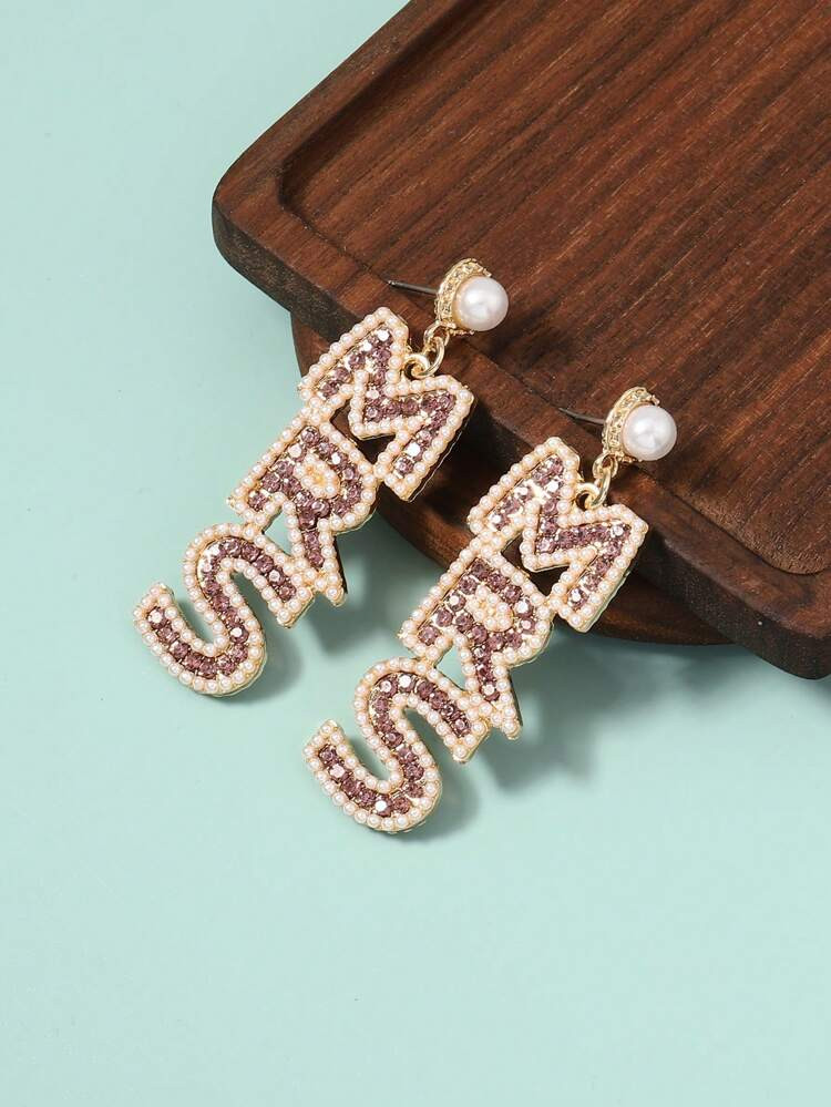 New
     
      1pair Glamorous Zinc Alloy Rhinestone & Faux Pearl Letter Drop Earrings For Women... | SHEIN