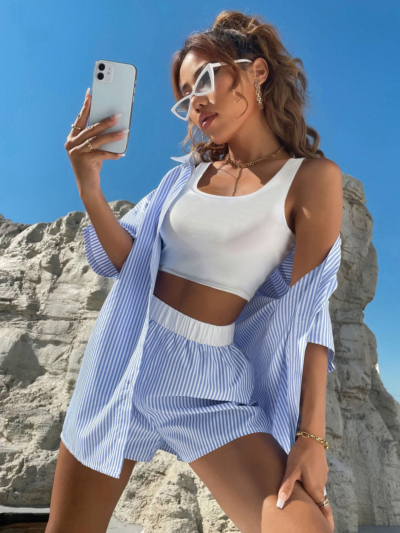 3pcs Solid Cami Top & Striped Print Shorts With Blouse | SHEIN