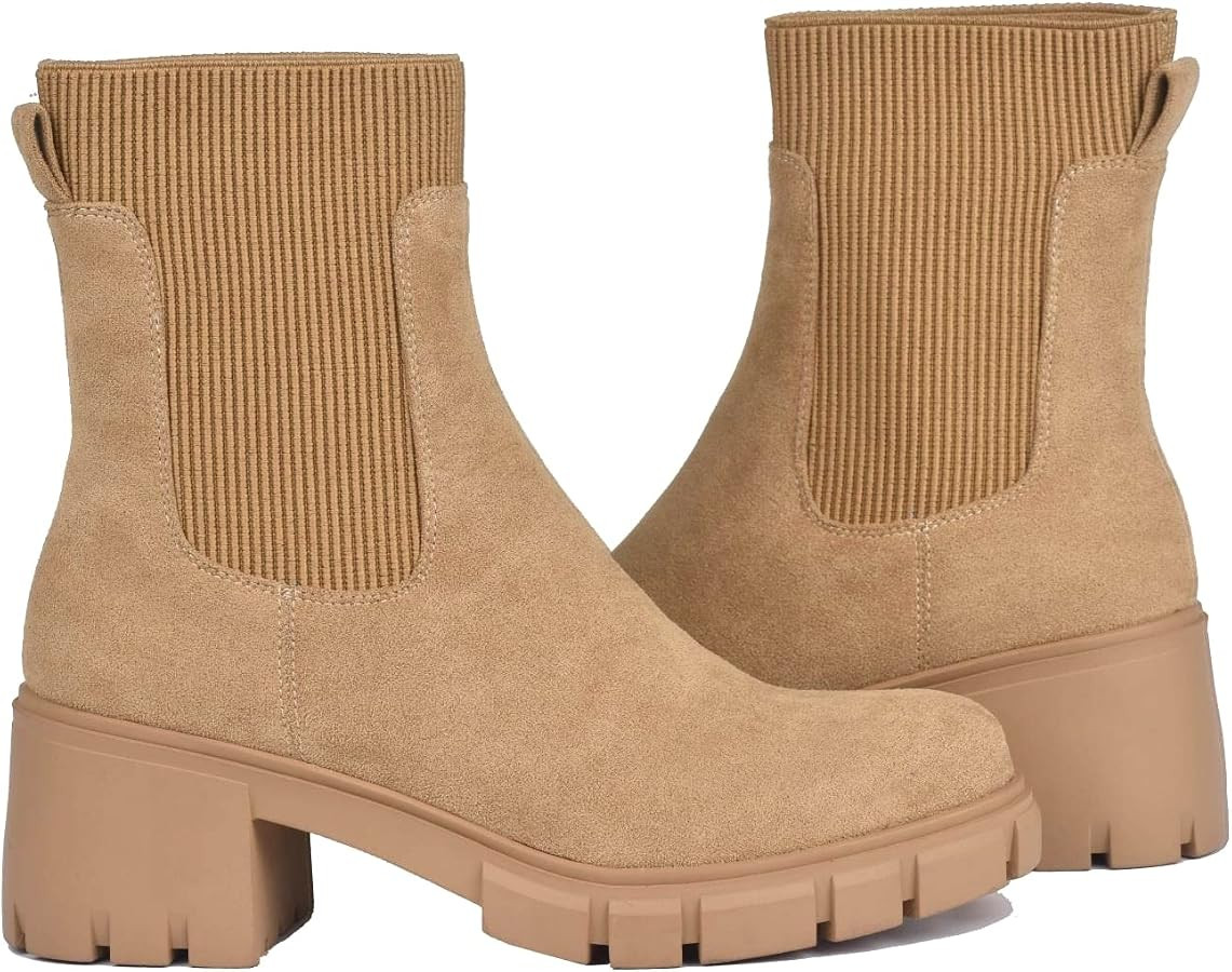 GOUPSKY Womens Ankle Boots Lug Sole Comfortable Slip On Chelsea Booties Elastic Gore | Amazon (US)
