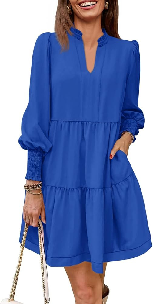 Imily Bela Womens Fall Long Sleeve Tunic Dress Casual V Neck Loose Ruffle Tiered Dress | Amazon (US)