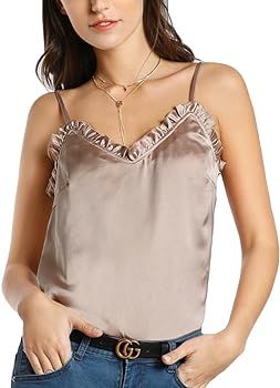 Women's Sexy V Neck Spaghetti Strap Plain Satin Cami Top | Amazon (US)