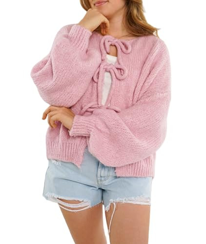 Women Bow Tie Front Cardigan Sweater Y2k Chunky Lace up Knit Top Casual Crewneck Vintage Aesthetic Streetwear Pink | Amazon (US)