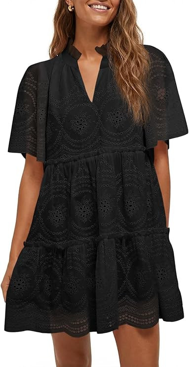 Wenrine Womens Summer Eyelet Dress Short Sleeve Babydoll V Neck Hollow Out Lace Ruffle Casual Bea... | Amazon (US)