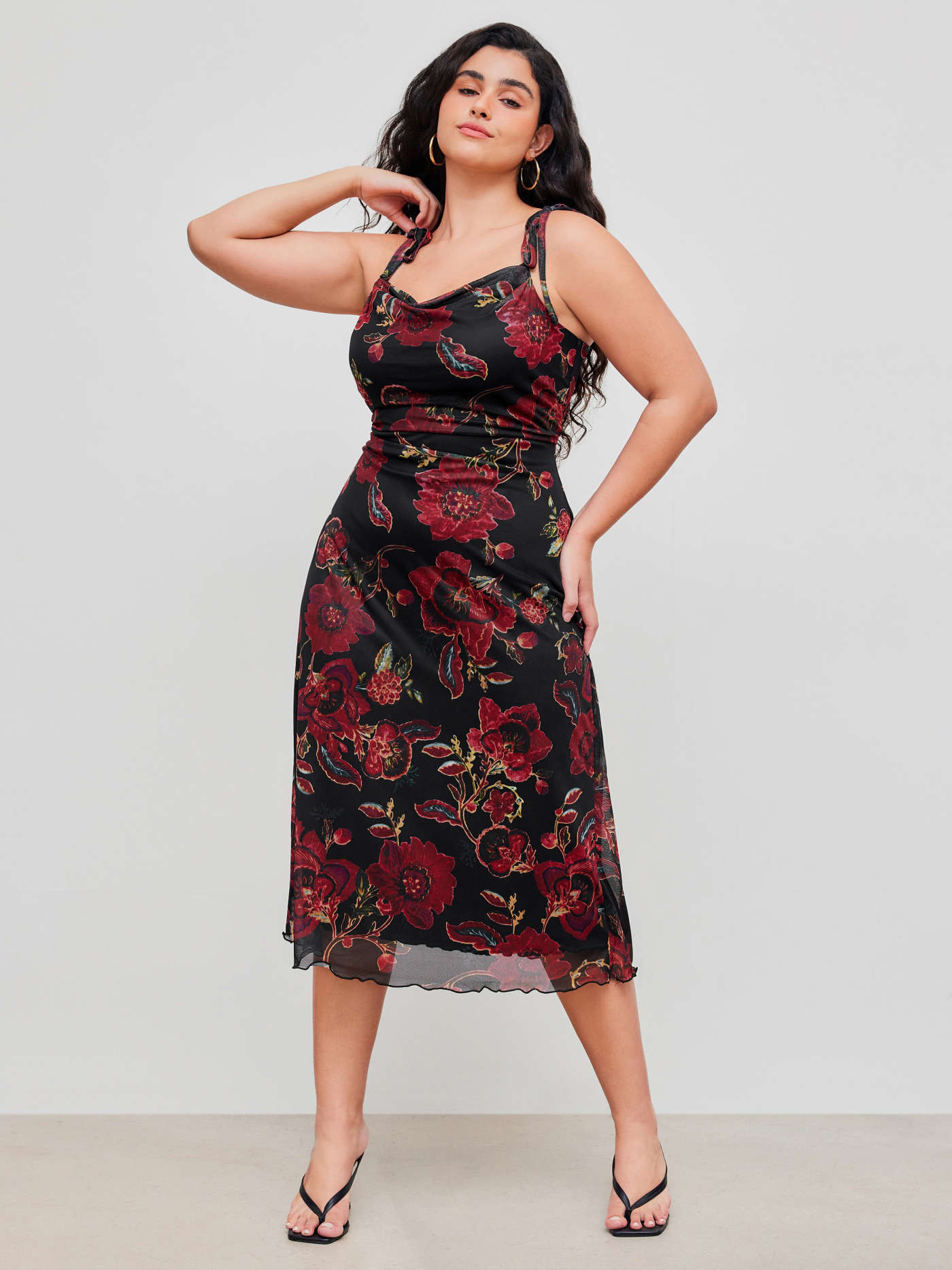 Mesh Square Neck Floral Knotted Midi Dress Curve & Plus | Cider