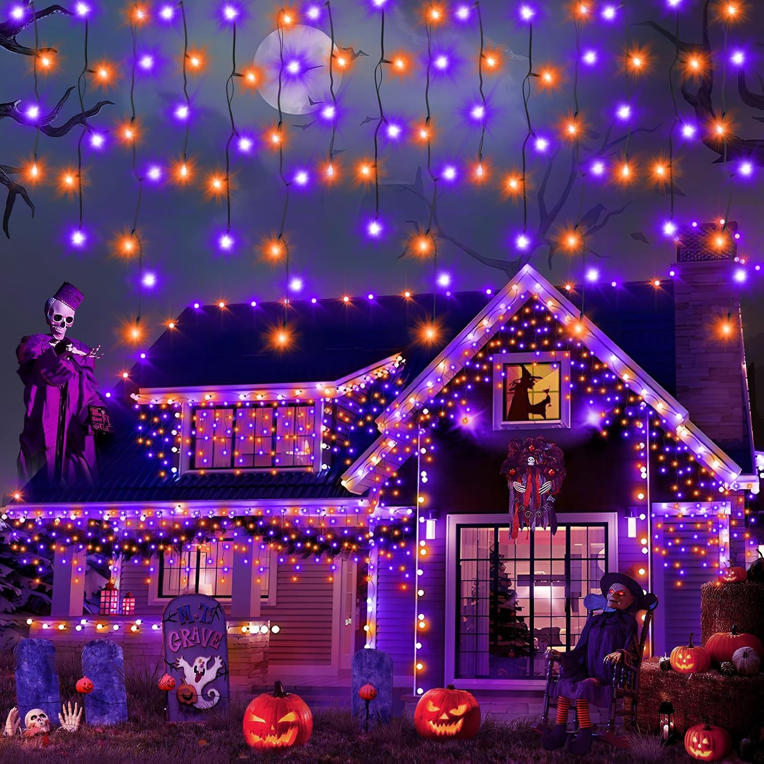 66FT 640LED Orange Purple Halloween Lights Outdoor 8 Modes Plug-in | Amazon (US)
