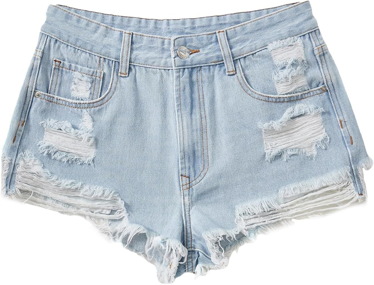 WDIRARA Women's Ripped Raw Hem Denim Shorts High Waist Button Front Casual Jeans Shorts | Amazon (US)