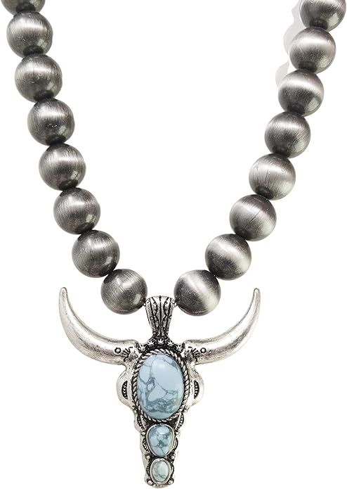 Elosee Turquoise Stone Long Horn Steer Skull Pendant Native Pearls Necklace 18 Inch | Amazon (US)