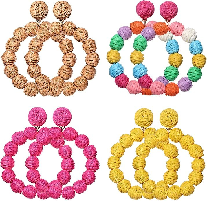 4 Pairs Rattan Earrings for Women Boho Raffia Ball Hoop Dangle Earring Set Handmade Summer Beach ... | Amazon (US)