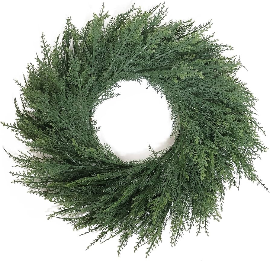 24 Inch Christmas Wreaths for Front Door Real Touch Cedar Wreath Artificial Green Wreath for Indo... | Amazon (US)