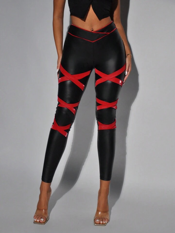 SHEIN ICON Criss Cross Tape Detail PU Leather Skinny Pants | SHEIN