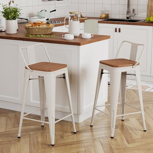 Yongchuang 30 inch Bar Stools Set of 2 Kitchen Bar Height Chairs with Wood Seat Industrial Low Back Metal Barstools Cream White | Amazon (US)