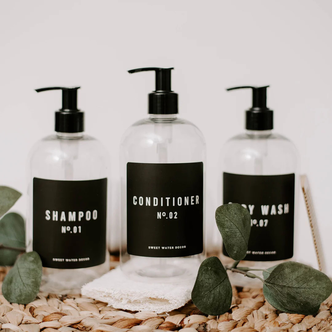 16oz Clear Plastic Bath + Shower Dispenser Set of 3 - Black Label | Sweet Water Decor, LLC