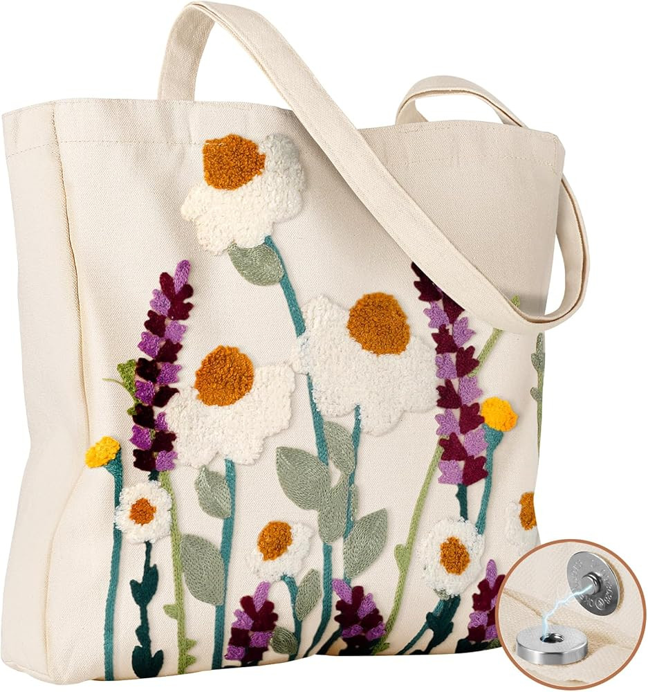 Aesthetic Embroidery Tote Bag for Women - Reusable Canvas Cute Shoulder Bag for Shopping, Grocery... | Amazon (US)