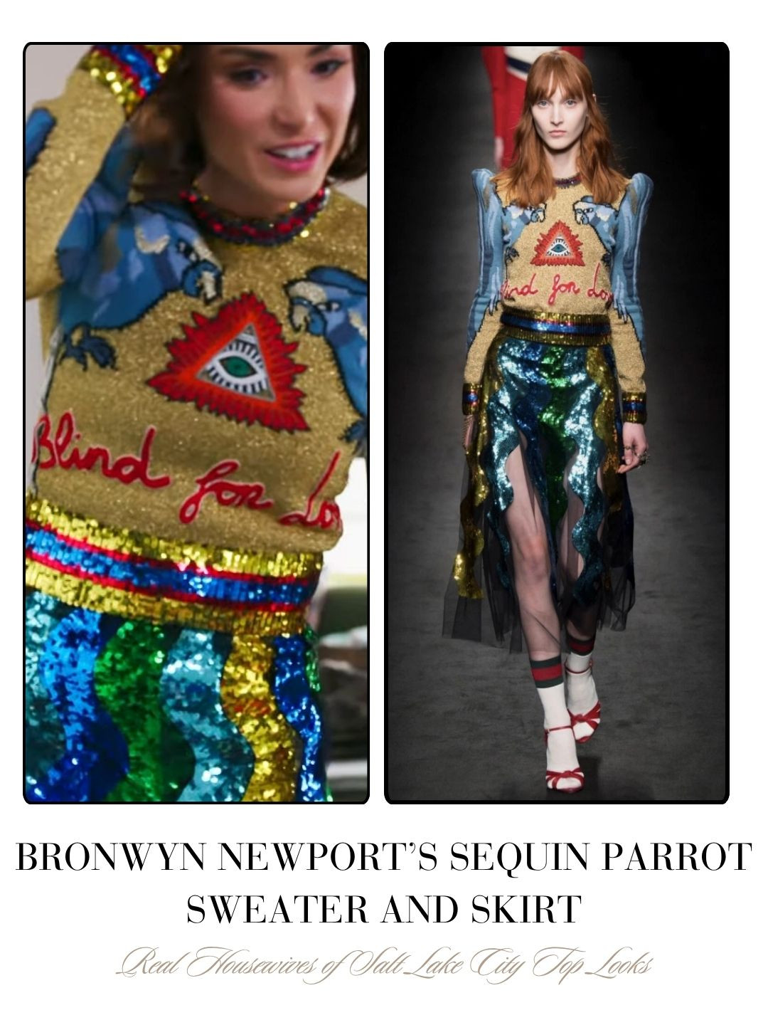 Bronwyn Newport's Sequin Parrot Sweater and Skirt Real Housewives of Salt Lake City Season 6 Episode 10  

 