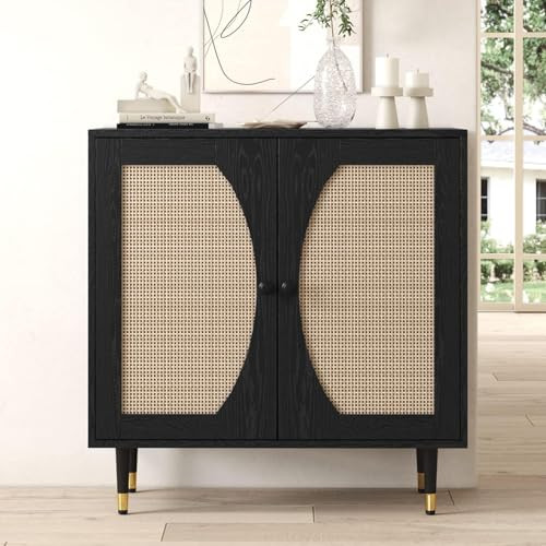 Black Buffet Sideboard Cabinet, Rattan Sideboard with Natural Rattan Doors, Black Rattan Console Table with Storage, Modern Accent Buffet Cabinet with Adjustable Shelves for Living Dining Room | Amazon (US)