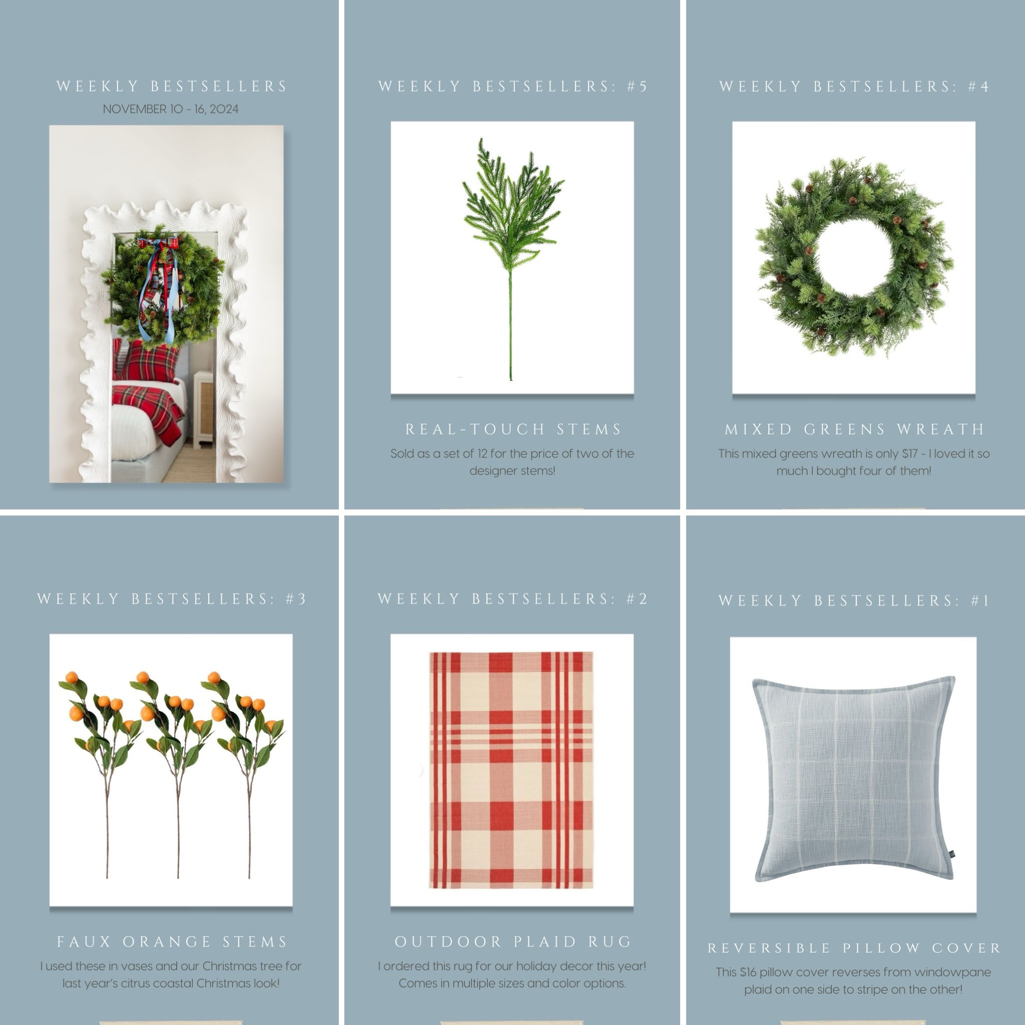 This week’s bestsellers include designer look for less real-touch greenery, the best $17 wreath with pine cones, faux orange stems that look cute in a vase or on your Christmas tree, a red plaid indoor/outdoor rug we’re using on our front porch, and affordable reversible plaid throw pillow covers! #ltkholiday #ltkfindsunder50 #ltksalealert #ltkfindsunder100 #ltkseasonal #ltkhome

#LTKHoliday #LTKHome #LTKFindsUnder50