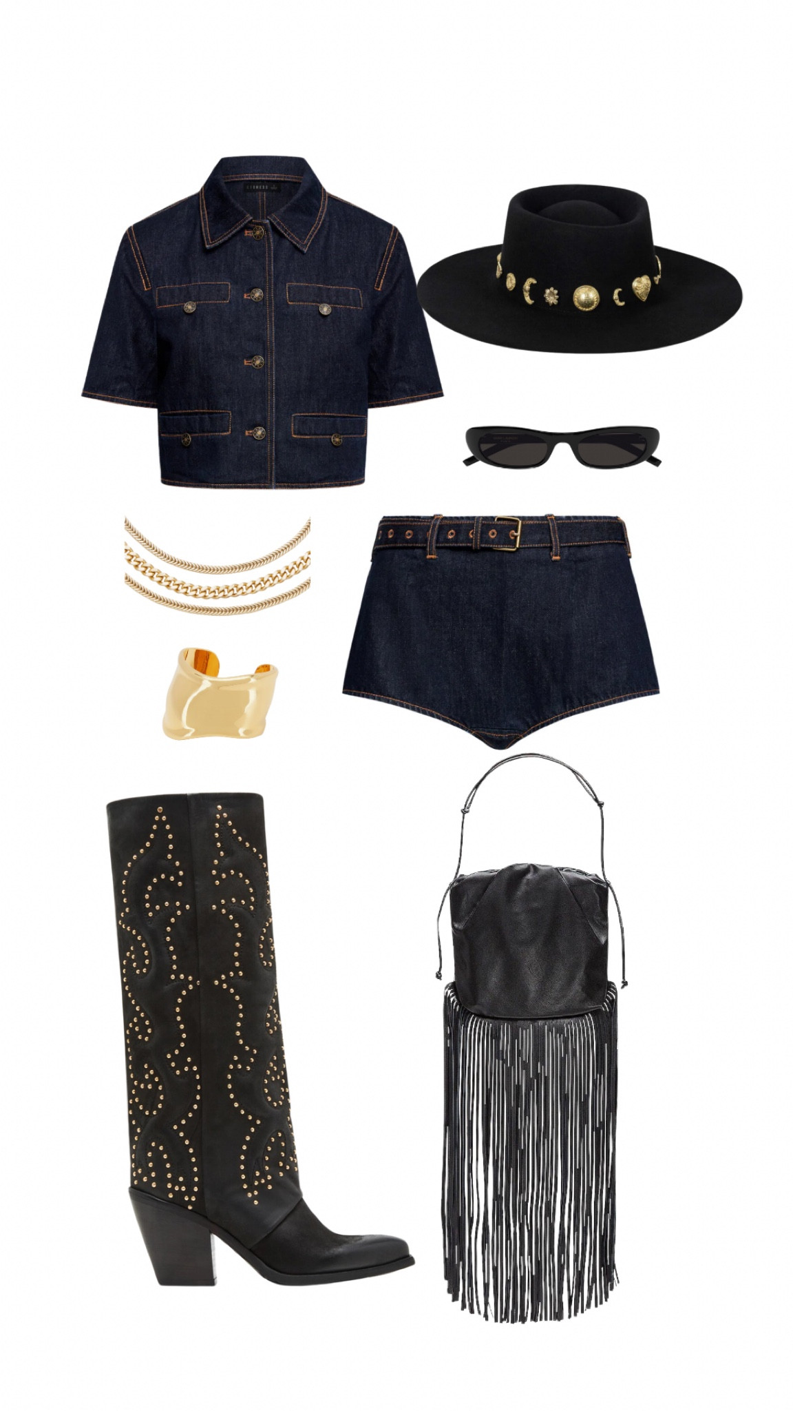 Festival outfit - love this denim matching set! The top and shorts are both under $100! These western style boots are perfect for festival season and under $250! Sunglasses are Amazon (designer look for less)! 

#LTKSeasonal #LTKFindsUnder100 #LTKShoeCrush