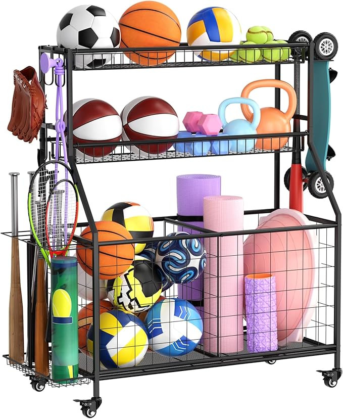 Sports Equipment Garage Organizer - Heavy Duty Garage Organization Ball Storage Rack with Basket,... | Amazon (US)