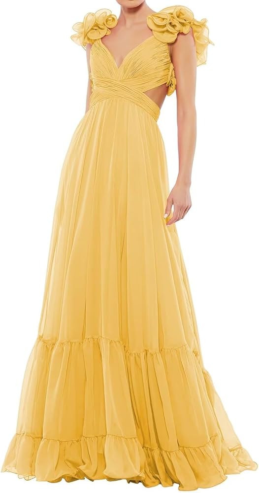 Chiffon Ruffle Prom Dresses Long for Women A Line Bridesmaid Dresses Tiered Backless Formal Eveni... | Amazon (US)