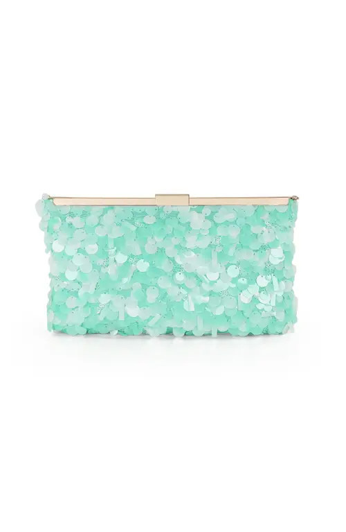 Jewel Badgley Mischka Briar Mixed Sequin Hinged Frame Clutch in Light Mint Green at Nordstrom, Size Small | Nordstrom