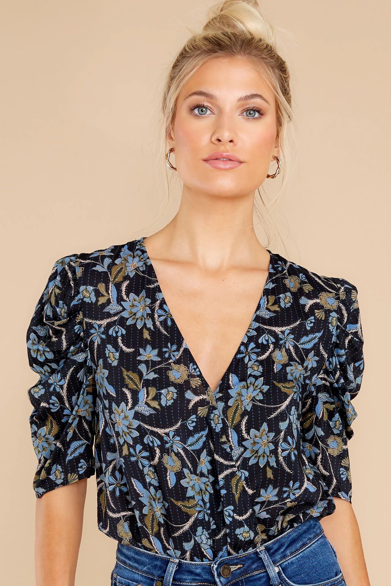 Chateau Gardens Black And Indigo Floral Print Bodysuit | Red Dress 