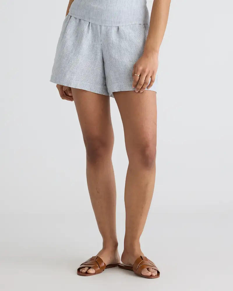 100% European Linen High Waisted Shorts in Blue Pinstripe | Quince