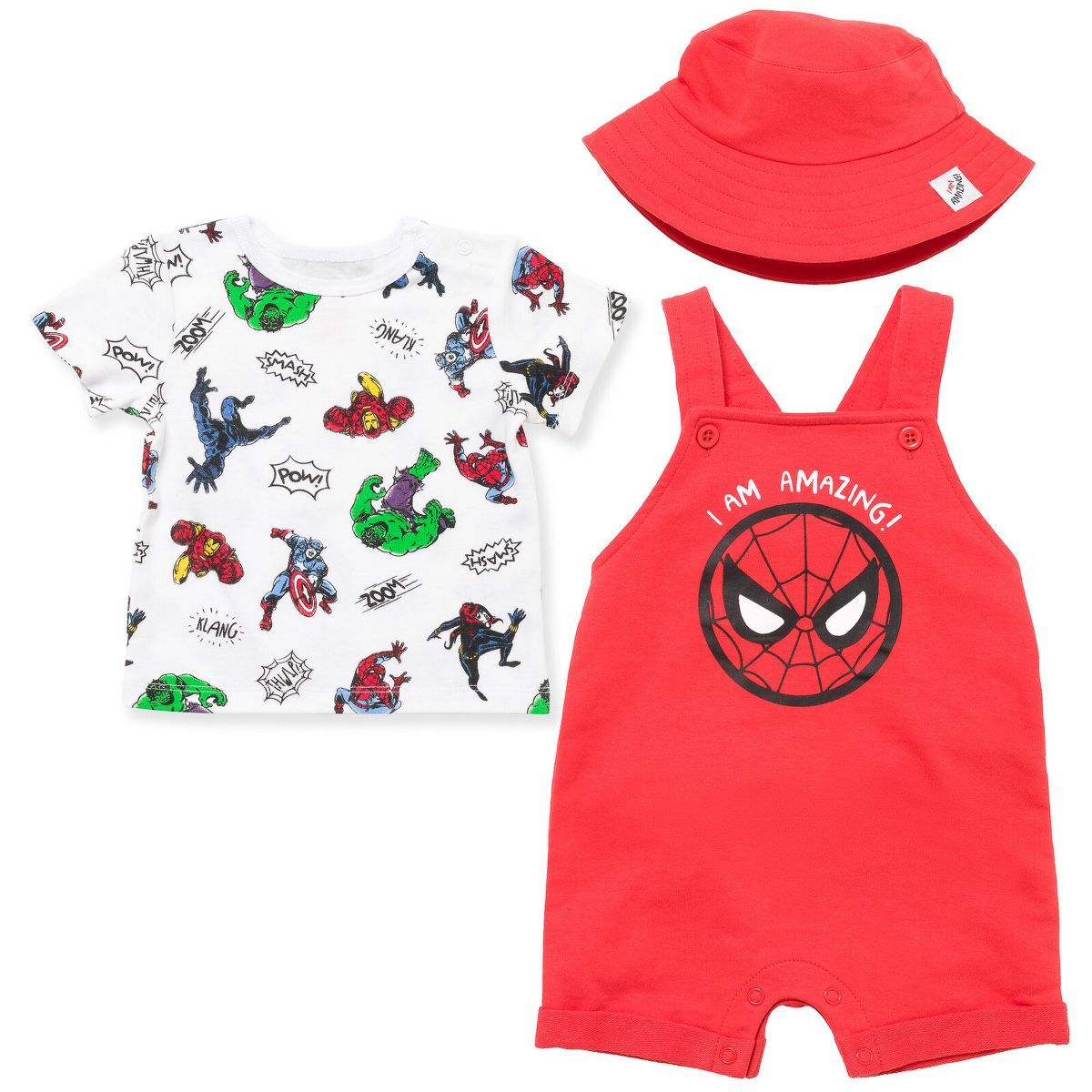 Marvel Avengers Hulk Captain America Thor Baby French Terry Short Overalls T-Shirt & Hat 3 Pcs Ou... | Target