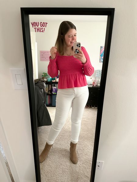 Cute Valentine’s outfit! 💕 my top color is unavailable, but I linked the exact top I’m wearing.

Pink style. Feminine. Express. Altar’d state. Target. White jeans. Boots.

#LTKSeasonal #LTKstyletip #LTKshoecrush