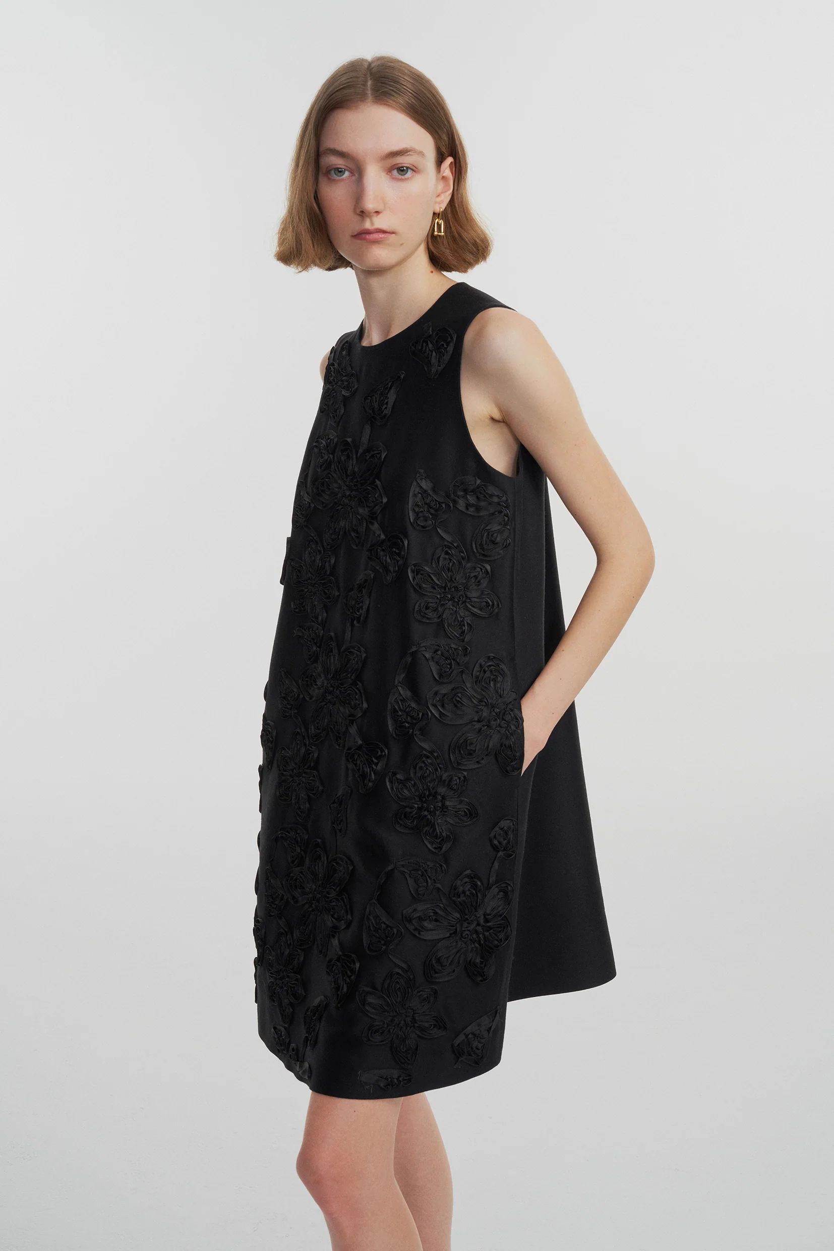 Engrave Embroidered Dress in Silk Wool Blend | Fabrique