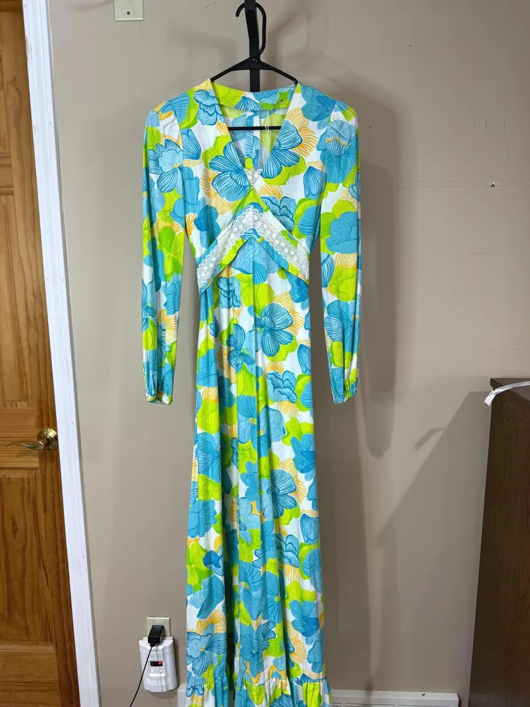 60s 70s Blue Green Vintage Long Sleeve Floral Maxi Dress - Etsy | Etsy (US)