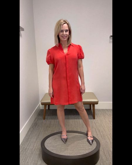 When trying on beautiful things at Nordstrom in Miami I found this lightweight washed silk fiery red shirt dress. I love flats or low heels with a short dress. Silver Maryjanes are a hot item this spring. I sized up in this dress to a medium and the shoes are true to size! 

#LTKshoecrush #LTKover40 #LTKVideo