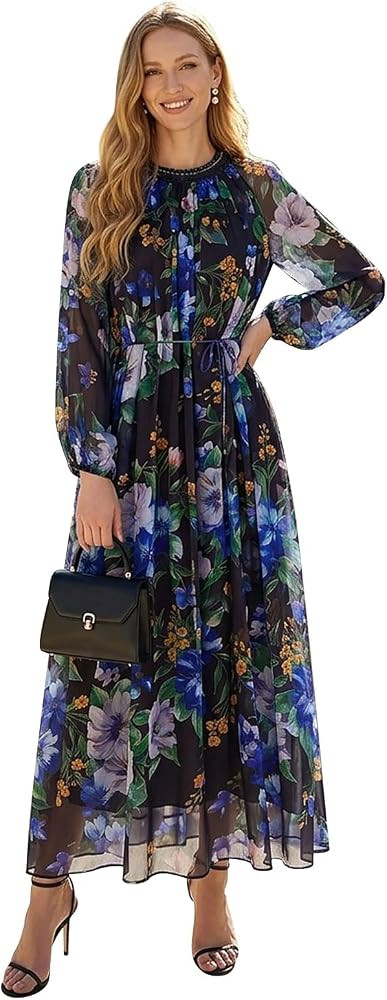 CHICWISH Women Floral Beaded Neckline Chiffon Maxi Dress Puff Sleeve Casual Tie Waist Boho Lightw... | Amazon (US)