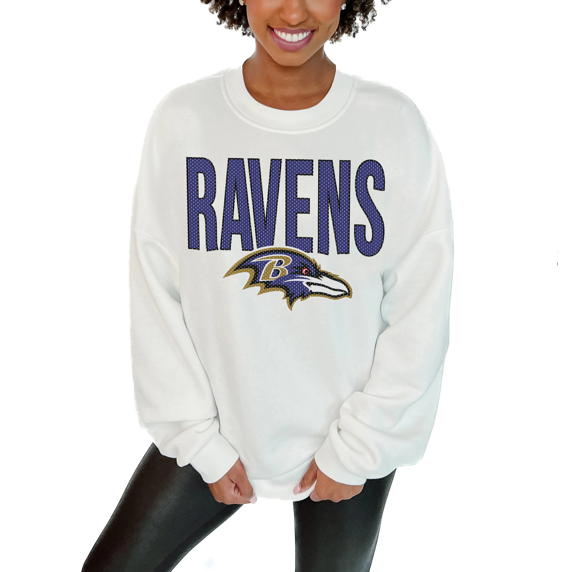Women's Baltimore Ravens  Gameday Couture White  Just Go With It Oversized Long Sleeve Crewneck S... | NFL Shop