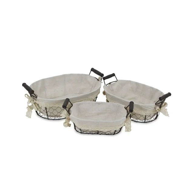 Set of 3 Black and Beige Oval Lined Wire Baskets with Side Handles 14" | Walmart (US)